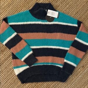 Stylish Striped Turtleneck Sweater in Teal, Black, and Brown